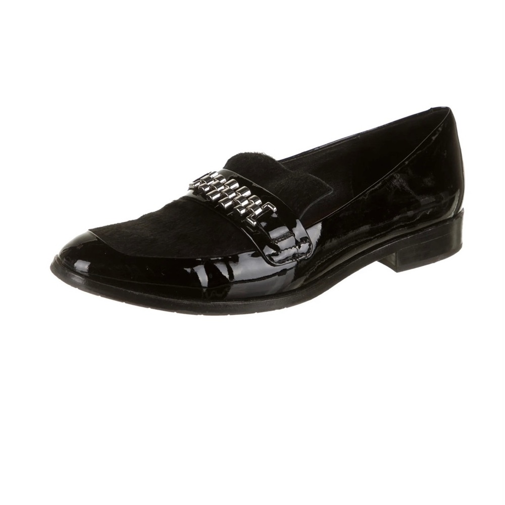 Donald J Pliner black patent Loafers with chain